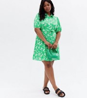 New Look Curves Green Floral Puff Sleeve Mini Shirt Dress